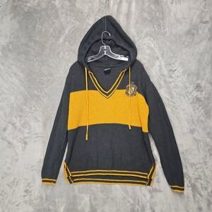 Harry Potter Hufflepuff Knit Hoodie Sweater XL Grey Yellow Varsity Stripe